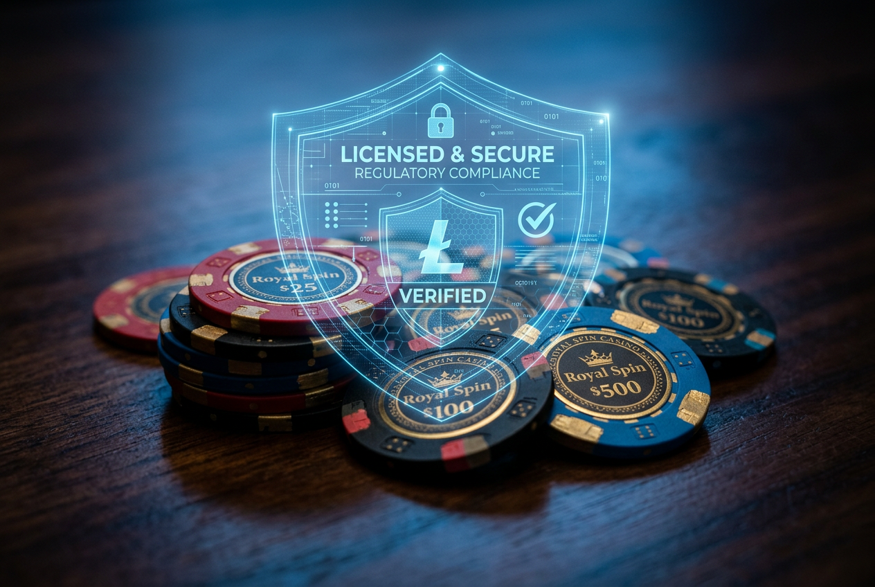Conceptual image of a digital security shield and casino chips.
